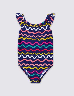Frill Sleeve Wave Print Swimsuit &#40;0-5 Years&#41;